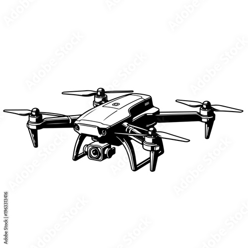 Modern quadcopter drone with camera in black and white line art style, minimal technology illustration for aerial photography, surveillance, delivery system and remote control flying device concept