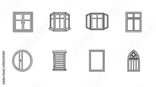 Collection of Various Window Styles Line Drawings Isolated on White Background