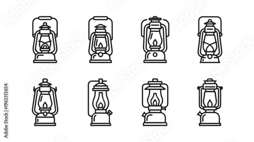 Collection of Vintage Oil Lantern Icons Hand Drawn Style Isolated on White