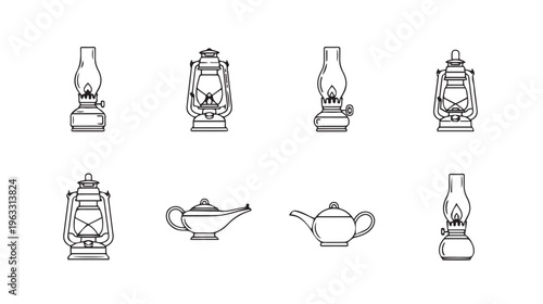 Collection of Vintage Oil Lamps and Aladdin Lamps Line Art Icons