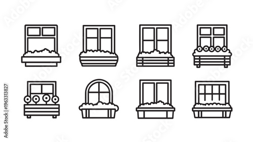 Collection of Window Box Icons with Flowers Vector Line Art