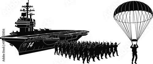 Military personnel parachuting from aircraft carrier with soldiers marching parachute