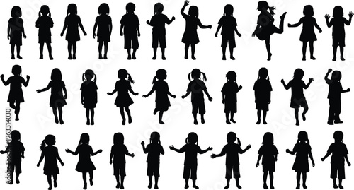 Silhouette Vector of Children Standing and Playing, Group of Boys and Girls in Various Poses Isolated on White Background