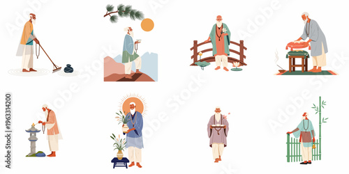 Set of flat illustrations featuring an elderly sage performing various spiritual and mindful rituals in a peaceful, traditional environment.