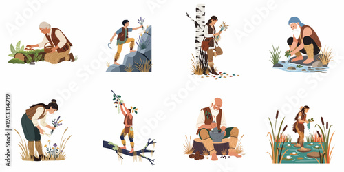 Set of vector illustrations depicting primitive people gathering plants, mushrooms, and herbs in nature, showcasing traditional foraging and herbalism practices from ancient times.