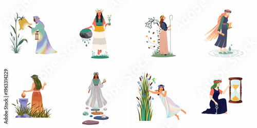 Collection of eight mystical and mythological female figures representing nature, magic, and time in a flat vector illustration style.