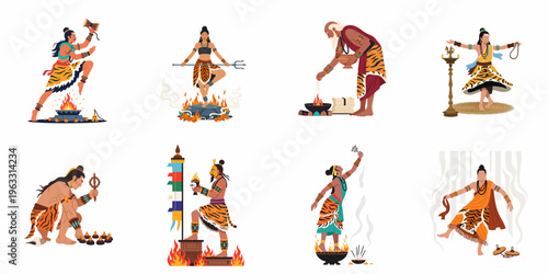Collection of eight vector illustrations featuring Hindu spiritual figures and deities performing sacred rituals, dances, and ceremonies with traditional symbolic elements.