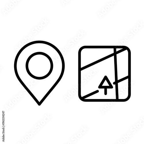 Minimalist location pin and map icon for navigation, travel, gps, directions, and destination finding - black line art vector, black white