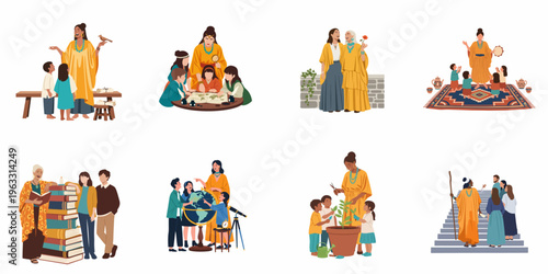 Set of flat vector illustrations featuring a mentor woman teaching and storytelling to children in diverse educational and cultural settings.