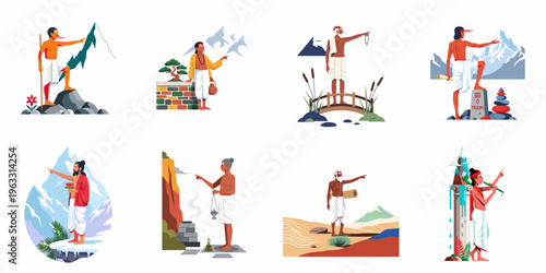 Set of flat vector illustrations featuring Indian spiritual sages, gurus, and monks in various scenic landscapes such as mountains and gardens.