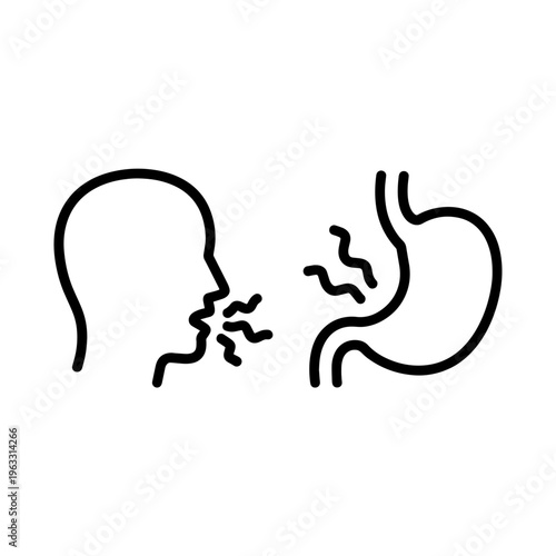 Human profile with bad breath and stomach icon for digestion, health issues, acid reflux, and gastrointestinal problems - black line art vector, odor waves, black white