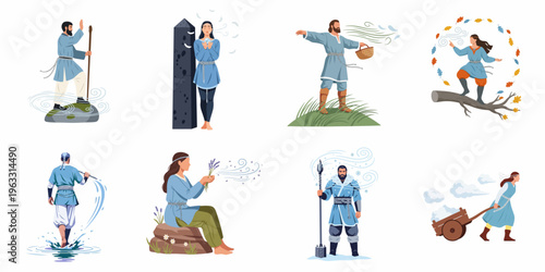Set of vector illustrations featuring characters interacting with elemental forces of nature, wind, water, and ice in a traditional folk style.