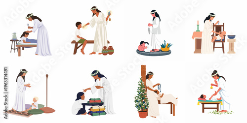 Ancient rituals and ceremonies involving children and spiritual healers or priestesses in traditional white robes and floral crowns.