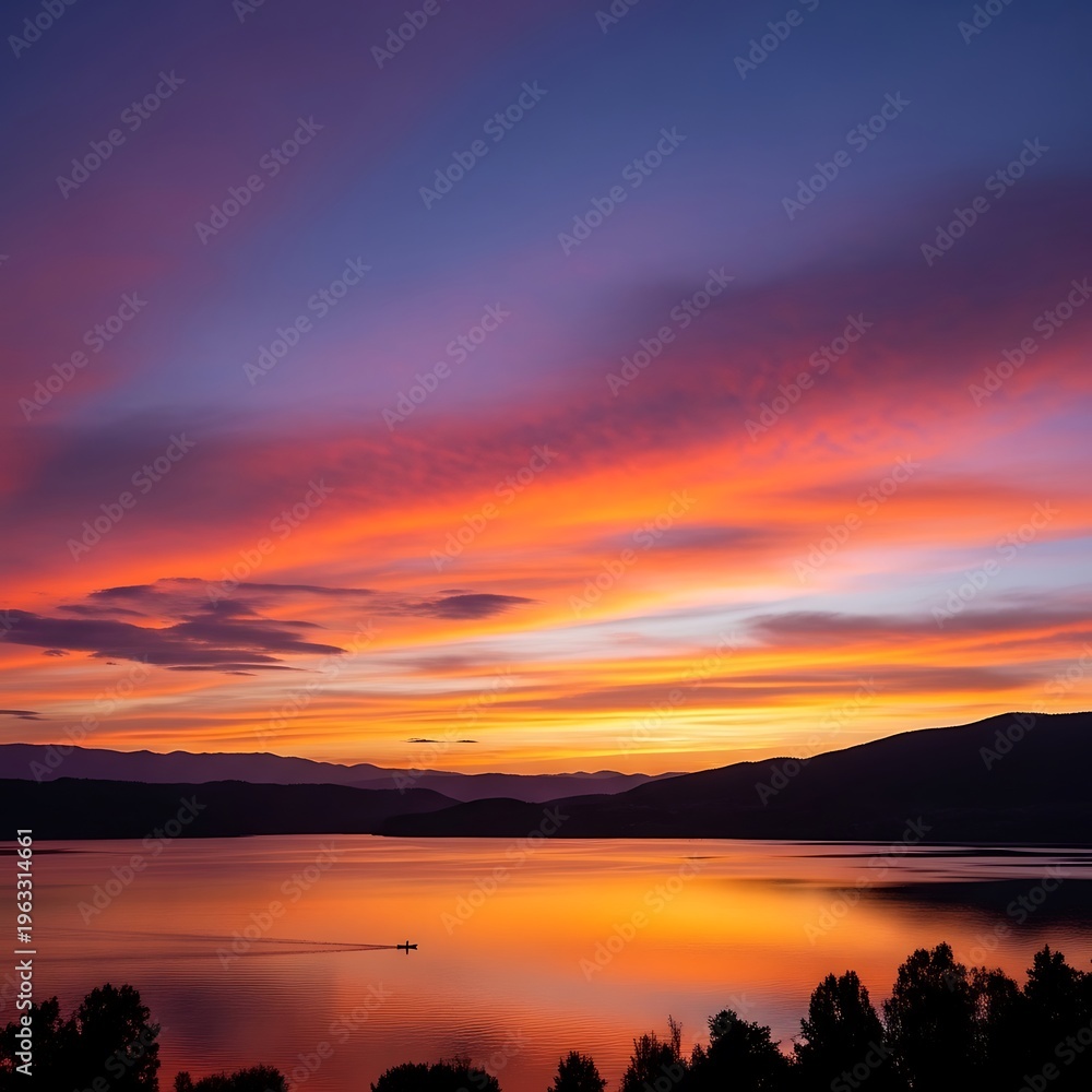 Fototapeta premium Vibrant Sunset Over Lake with Colorful Sky and Mountain Silhouette.