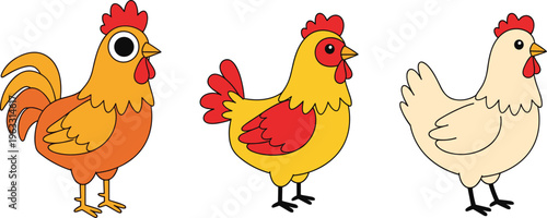 Chicken Vector Set Featuring Cartoon Rooster and Hen in Bright Colors Farm Poultry Illustration Collection Isolated on White Background
