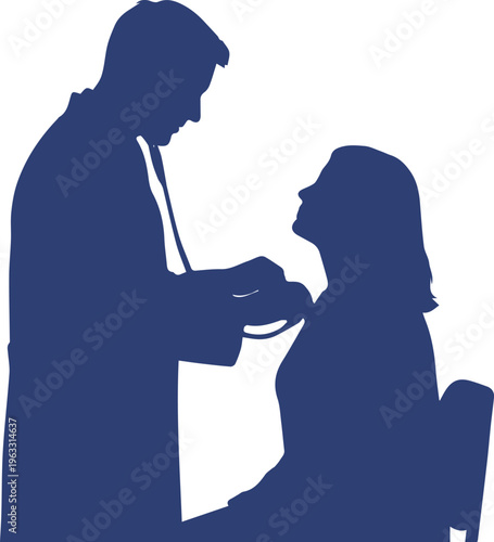 Medical doctor silhouette examining female patient with stethoscope, healthcare professional performing physical checkup, clinical consultation vector
