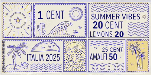 Collection of hand drawn postage stamps with summer and travel themes