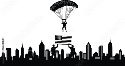 Parachuter above city skyline with people holding american flag buildings