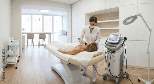 Full view of modern aesthetic clinic room with practitioner performing facial skin treatment on patient on medical bed.