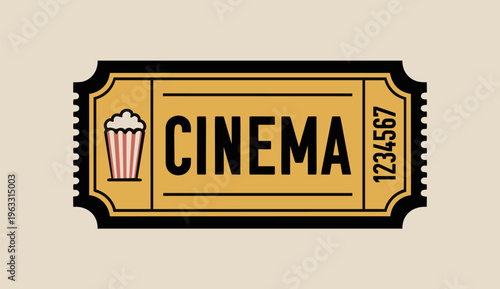 Vintage yellow cinema ticket icon with popcorn illustration. Flat vector movie admission ticket 