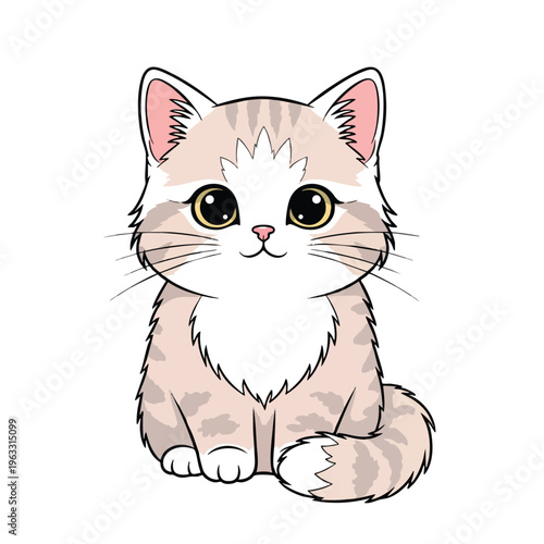 Adorable light brown and white tabby kitten with large eyes sits patiently