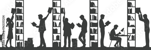 Silhouette of people working and reading in a library with bookshelves silhouettes
