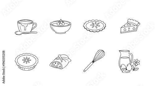 Dessert Baking Ingredients and Tools Line Art Icons