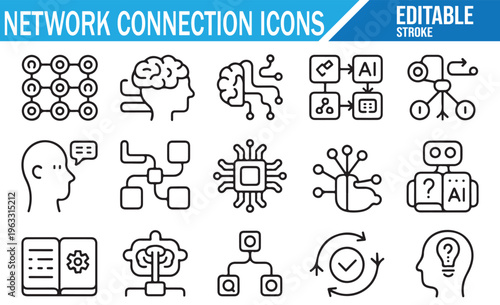 Hand drawn network and AI icons set with neural data and technology symbols
