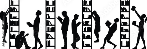Silhouettes of people searching books on tall shelves bookshelves reading
