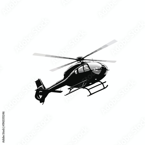 Sleek black helicopter with rotor blades extended, on a white background
