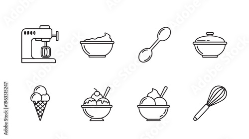 Dessert Making Icons: Ice Cream Bowls Mixer Whisk Spoon PotLine Art Style