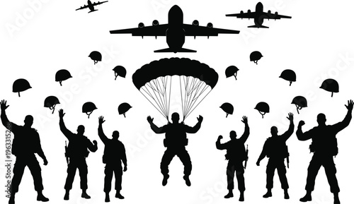 Silhouette of soldiers parachuting from airplanes parachutes silhouettes black