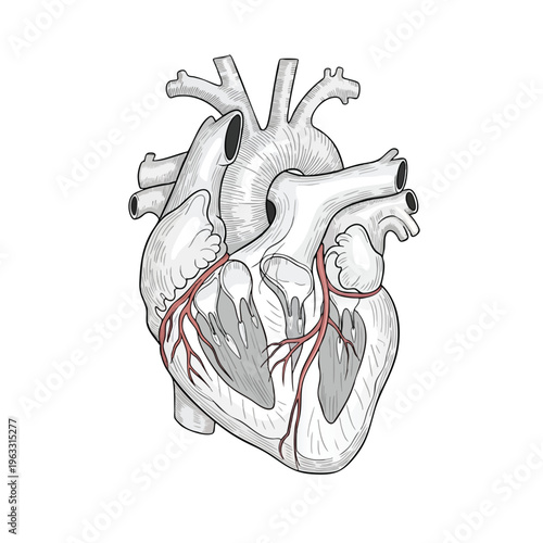 Stylized diagram of a human heart with visible arteries and internal structures