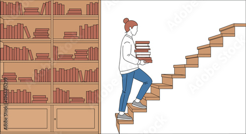 Woman climbing stairs carrying books next to bookshelf