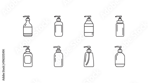 Dispenser Bottle Icons Set Line Art. Various Pump Bottles Collection