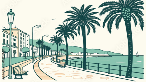 Seaside Promenade with Palm Trees and Benches Spain Flat Vector Illustration