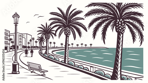 Seaside Promenade with Palm Trees and Benches Spain Flat Vector Illustration