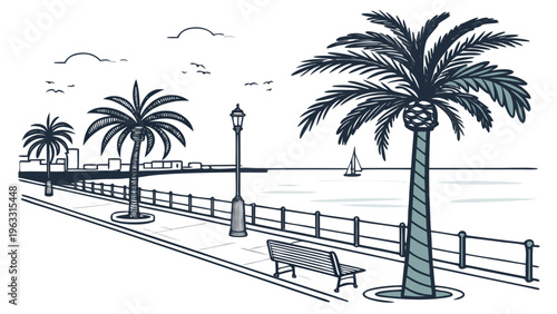 Seaside Promenade with Palm Trees and Benches Spain Flat Vector Illustration