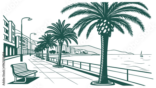 Seaside Promenade with Palm Trees and Benches Spain Flat Vector Illustration