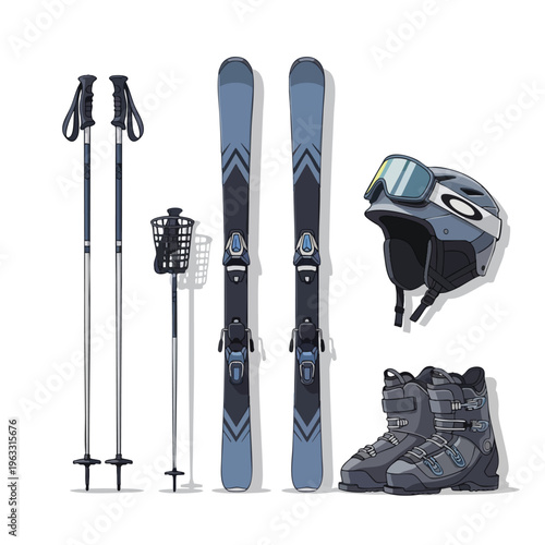 Blue and gray ski gear including poles, skis, boots, and helmet