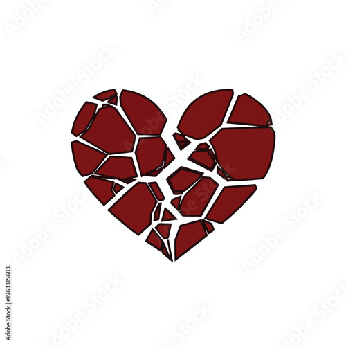 Dark red heart shattered into numerous irregular fragments on white