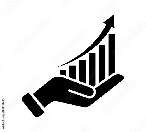 Business growth icon. Subject: rising bar chart with upward arrow, solid, thick, with transparent background used for financial analysis and success.