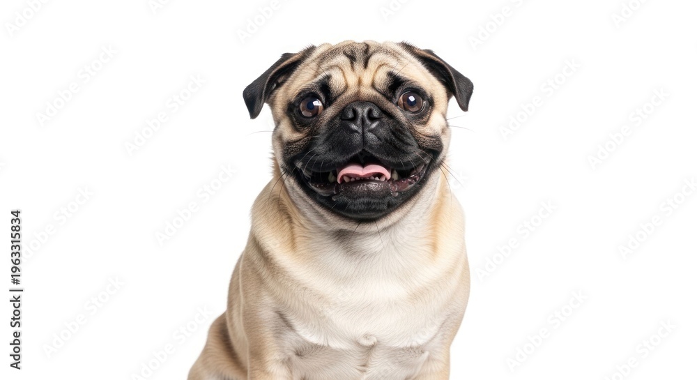 Fototapeta premium Happy, tan pug smiling with its tongue out against a white backdrop