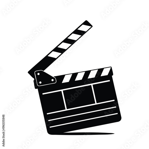 Black clapperboard with white stripes, tilted on white background