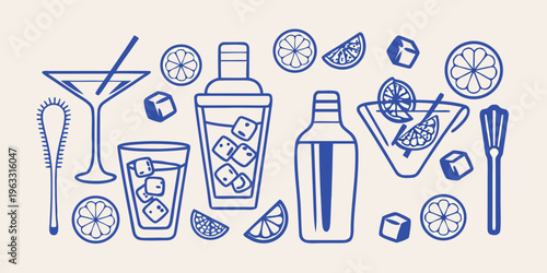 Blue line art illustration of cocktail ingredients and glassware