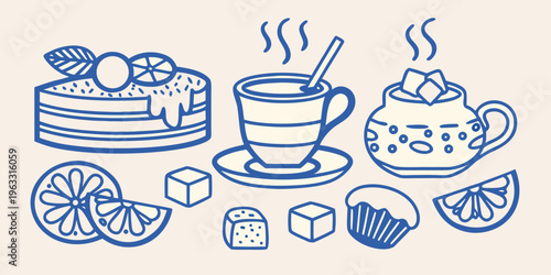 A charming blue line drawing of pancakes coffee and sweet treats