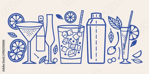 Stylized blue line drawing of various cocktails and bar accessories