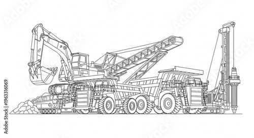 Detailed Line Art of a Heavy-Duty Crane Truck.