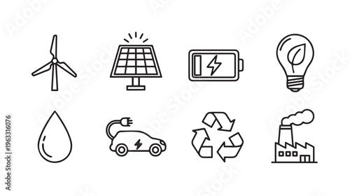 Eco-Friendly Energy Icons: Renewable Resources Electric Vehicle Battery Recycling Factory Lightbulb Water Drop