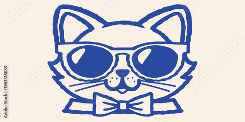 Cool cat illustration wearing sunglasses and a bow tie